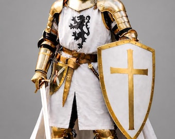 Golden Crusader Knight Armor Set – Medieval Templar Full Plate Armor, gift for him