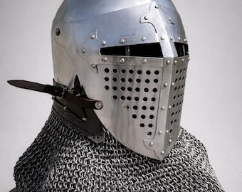 Medieval Roa Bascinet Helmet | Steel Knight Armor With Chainmail Coif (LARP, Cosplay)
