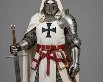 Wearable White Templar Knight Armor – Gothic Crusader Suit with Black Cross Halloween -X-Mass Gift