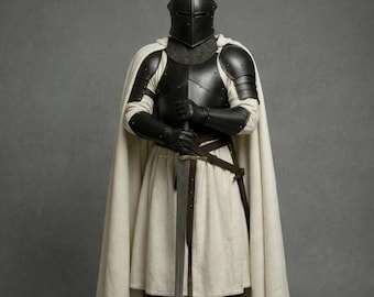 Black Knight Steel Armor Set with Cream Cloak | Medieval Gothic LARP Costume Outfit
