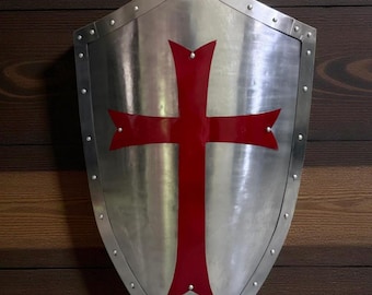 Stalowa tarcza rycerza krzyżowca z czerwonym krzyżem – średniowieczny rekwizyt do LARP-a templariuszy 28 cali