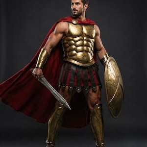 Puede incluir: Un guerrero con armadura dorada, capa roja y falda de cuero, empuñando una espada y un escudo. La armadura cubre el pecho, los brazos y las piernas. El escudo es redondo y dorado. El guerrero está sobre un fondo oscuro.