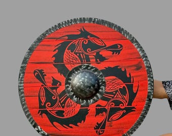 Medieval Handcrafted Viking Red Dragon Shield Wooden Norse Wall Decor Costume Shield Cosplay Gift