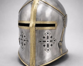 Handcrafted Steel Barbute Helmet with Brass Accents, Knight Cosplay Armor