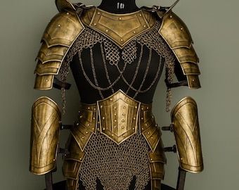 Antique Gold Female Armor Set – Handcrafted Lady Warrior Breastplate, Chainmail Cosplay Costume