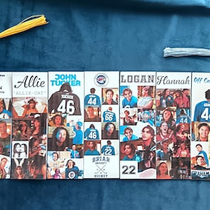 Op de afbeelding: Een verzameling van negen rechthoekige bladwijzers met fotocollages van personages en scènes uit sportromans. Elke bladwijzer toont namen zoals Dean, Allie, John Tucker, Logan, Hannah en Graham, en is voorzien van een bijpassend kwastje.