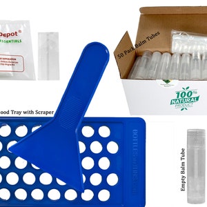50 Balm Tube Tray - 50 Balm Tubes & Caps - 50 Seal Sleeves - Scraper - HDPE - BPA Free