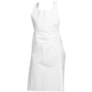 May include: A white disposable plastic apron with adjustable straps. The apron is made of a thin, lightweight material and is designed to protect clothing from spills and stains.