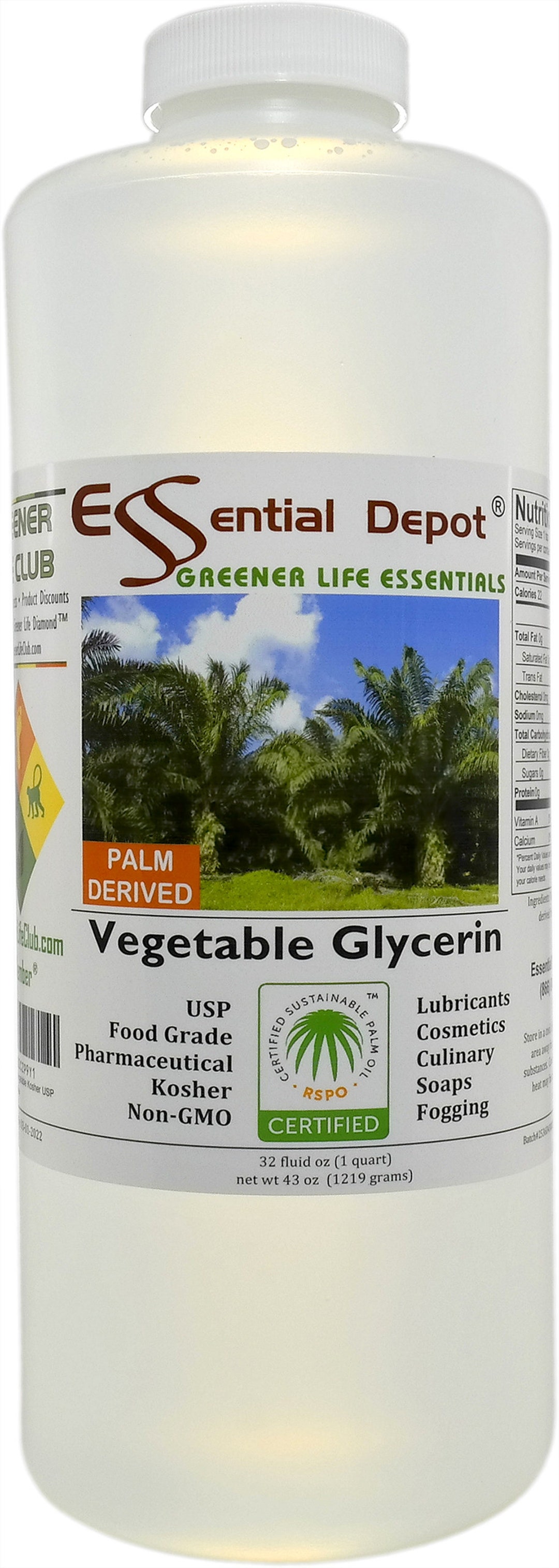 1 Gallon of Glycerin USP Food Grade 99.7+% Pure Derived from Palm Fruit /  Vegetable Glycerine 
