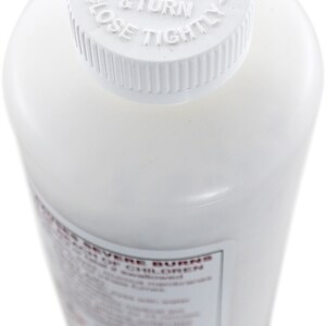 May include: White plastic bottle with a white child-resistant cap. The cap has the instructions "OPEN PUSH DOWN & TURN CLOSE TIGHTLY" printed on it. The bottle has a label that reads "FOR SEVERE BURNS KEEP OUT OF REACH OF CHILDREN".