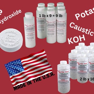 May include: A collection of white plastic bottles containing lye, potassium hydroxide, and potash caustic soda. The bottles are labeled with the chemical names and weights. The bottles are arranged on a red background with an American flag in the center. The text "MADE IN THE U.S.A." is printed on the flag.