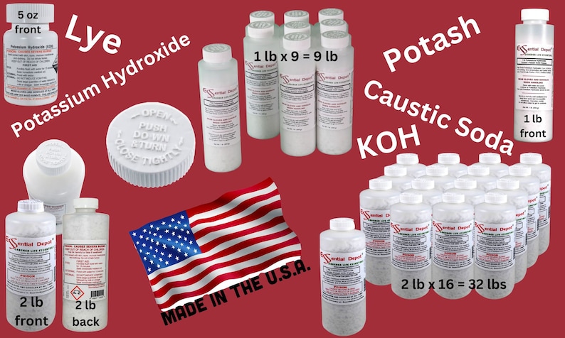 May include: A collection of white plastic bottles containing lye, potassium hydroxide, and potash caustic soda. The bottles are labeled with the chemical names and weights. The bottles are arranged on a red background with an American flag in the center. The text "MADE IN THE U.S.A." is printed on the flag.