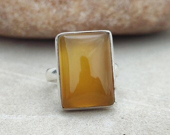 Yellow Chalcedony Ring, Sterling Silver Rectangular Boho Ring, Women Artisan Jewelry, Gift For Birthday