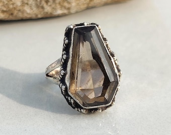 Smoky Quartz Coffin Ring, 925 Sterling Silver Gemstone Jewelry, Designer Promise Ring