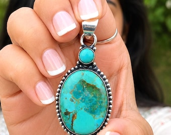 Kingman Turquoise Pendant, Sterling Silver Oval Necklace, Handmade Arizona Turquoise Jewelry, Boho Gemstone Pendant's Gift for Her