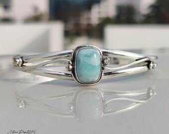 Bohemian Style- Natural Larimar Bangle Bracelet, 925 Sterling Silver Handmade Women Jewelry