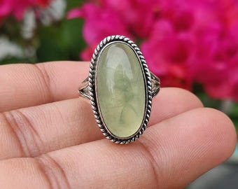 Prehnite Sterling Silver Ring, Boho Statement Handmade Jewelry, Natural Birthstone Ring, Women's Gift