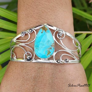 Kingman Turquoise Boho Bangle, Designer Handmade Sterling Silver Jewelry, Gemstone Bracelet For Women