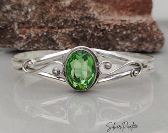 Faceted Peridot Gemstone Bangle, Sterling Silver Boho Statement Bracelet, Handmade Adjustable Cuff Jewelry