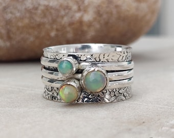 Ethiopian Opal Triple Gemstone Spinner Ring, Sterling Silver Boho Statement Ring, Fidget & Meditation Jewelry