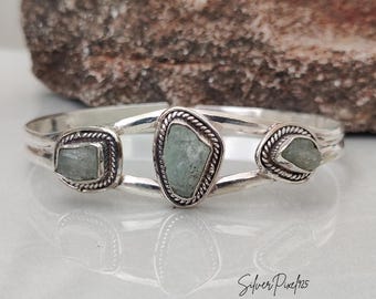 Raw Aquamarine Sterling Silver Bangle: Triple-Gemstone Statement Cuff Bracelet, Handmade Jewelry Gift For Her