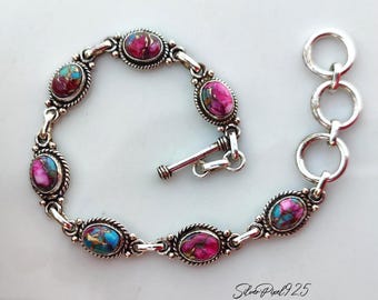 Pink Copper Turquoise Silver Statement Bracelet, Handmade Adjustable Fit Jewelry, Natural Gemstone
