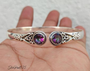 Mystic Topaz Bangle | Handmade Boho Adjustable Cuff | 925 Silver Vintage Style Bracelet