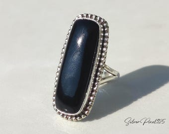 Handmade Sterling Silver Black Onyx Ring, Artisan Long Oval Cabochon