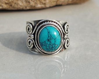 Turquoise Ring, Handmade Sterling Silver, Designer Oval Gemstone, Women Boho Ring