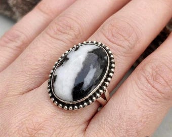 Zebra Jasper Ring: Handmade Oval Gemstone, Beaded Border, 925 Sterling Silver Vintage Boho Jewelry