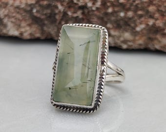 Genuine Prehnite Ring, Sterling Silver Rectangular Boho Gemstone, Handmade Statement Birthstone Gift For Her