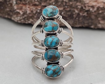 Blue Copper Turquoise Ring, 925 Sterling Silver Boho Full Finger Ring, Multi Band Wide Statement Jewelry