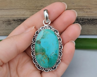Kingman Arizona Turquoise Pendant, Handmade Sterling Silver Boho Southwestern Statement Necklace Gift for Women