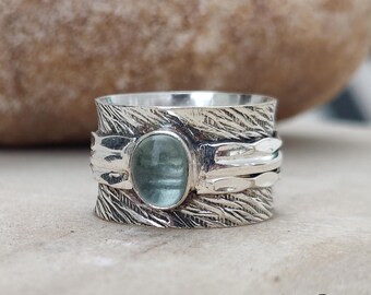 Aquamarine Gemstone Ring, 925 Sterling Silver Hammered Fidget Band, Women Statement Jewelry, Gift Item