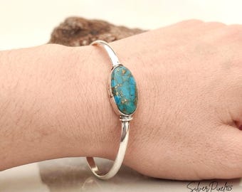 Blue Copper Turquoise Sterling Silver Bangle: Statement Adjustable Cuff Bracelet, Handmade Artisan Jewelry