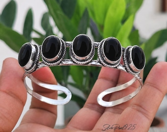 Pure Black Onyx Sterling Silver Bangle | Southwestern Boho Adjustable Bracelet | Handmade Gemstone Jewelry