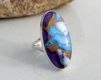 Purple Copper Turquoise Ring | 925 Sterling Silver | Oval Gemstone Jewelry | Kingman Dahlia Ring