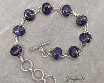 Genuine Purple Copper Turquoise Bracelet, Sterling Silver Adjustable Jewelry, Women Southwestern Bracelet