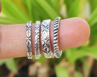 Sterling Silver Stacking Ring Set, Handcrafted Boho Minimalist Ring, Sets Of 4