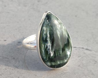 Seraphinite Pear Gemstone Ring | 925 Sterling Silver Handcrafted Jewelry | Gift For Her