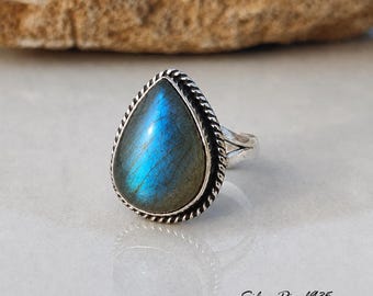 Blue Fire Labradorite Ring, Handmade 925 Sterling Silver Birthstone Ring, Women Statement Healing Gemstone Jewelry, Gift For Birthday