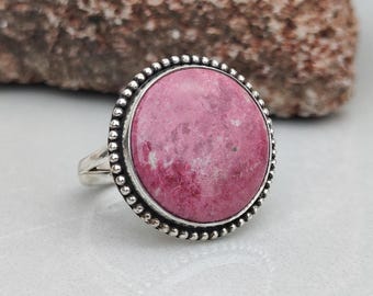 Natural Rhodonite Ring, 925 Sterling Silver, Round Pink Gemstone Statement Ring, Beaded Border, Boho Gift Jewelry