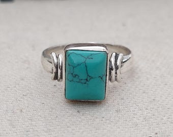 Genuine Turquoise Sterling Silver Ring, Minimalist Birthstone Jewelry, Women Statement Ring Gift For Her