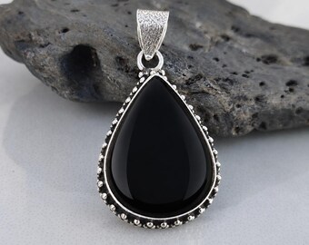 Pure Black Onyx Pendant, Sterling Silver Pear Gemstone, Handcrafted Designer Necklace, Gift For Birthday