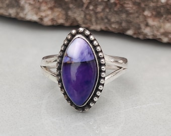 Purple Dahlia Turquoise Ring | 925 Sterling Silver Marquise Gemstone Statement Jewelry | Women Gifted Ring