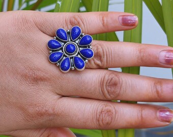 Lapis Lazuli Flower Ring, 925 Sterling Silver, Boho Cocktail Ring For Women, Teardrop Cluster Ring, Artisan Handmade Jewelry
