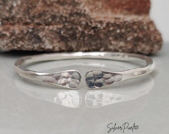 Hammered 925 Sterling Silver Cuff Bangle: Statement Adjustable Fit Jewelry, Handmade Boho Stacking Bracelet