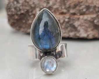 Labradorite & Moonstone Ring, 925 Sterling Silver Vintage Jewelry, Boho Healing Gemstone, Women Southwestern Ring