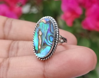 Abalone Shell Sterling Silver Ring, Boho Dainty Gemstone Jewelry, Gift For Her