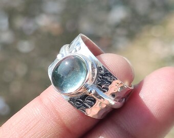 Aquamarine Hammered Wide Band Ring, Handmade Boho Jewelry, Engagement Gift for Her